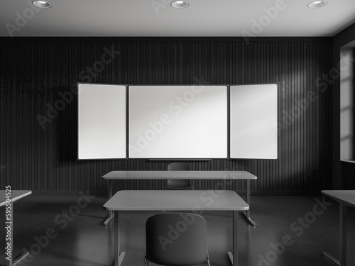 Gray school classroom interior with whiteboard