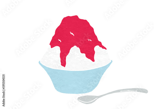 スプーン別の器に入ったいちご味かき氷のイラスト（版画風）