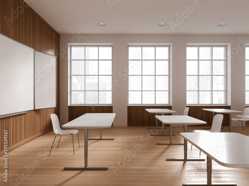 White and wooden school classroom interior with whiteboard, side view