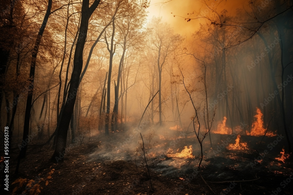 wildfire forest much smoke and fire, dramatic, climate disaster generative AI