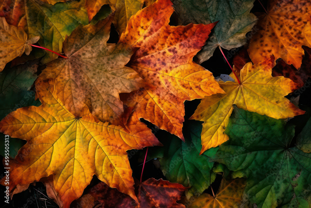 Fototapeta premium bright background with autumn maple leaves in green, orange and yellow colors. Generative AI