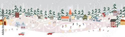 Seamless pattern Winter landscape,Celebrating Christmas and new Year 2024  in village at night with happy people playing ice skate in the park,Vector horizontal banner winter wonderland in countryside