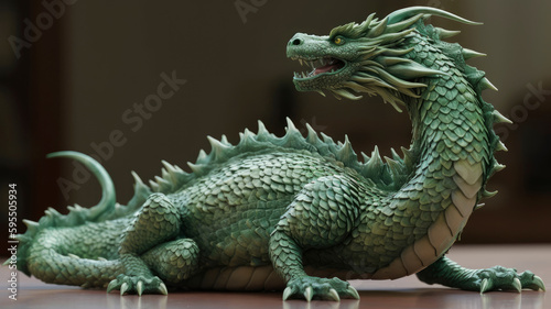 Figurine of a full length green wooden dragon. Symbol of 2024. Chinese New Year Symbol. Dragon statuette. High resolution. Generative AI, human enhanced © Sheremetio