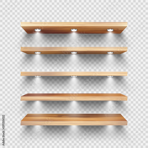 Realistic wooden store shelves with lighting, spotlights. Empty product shelf, grocery wall rack. Mall and supermarket furniture, bookshelf. Modern interior design element. Vector illustration