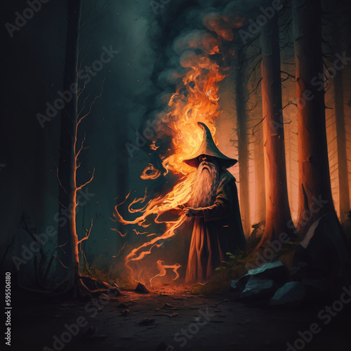 Wizard in the forest causing fire