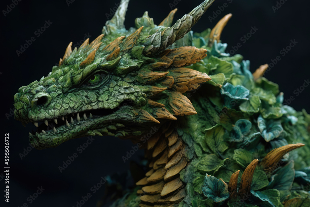 Close up image of head of green wooden dragon with leaves and branches growing from scales. Symbol of 2024. Chinese New Year. Detailed Dragon figurine. High resolution. Generative AI, human enhanced Close up image of head of green wooden dragon with leaves and branches growing from scales. Symbol of 2024. Chinese New Year. Detailed Dragon figurine. High resolution. Generative AI, human enhanced