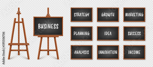 Black chalkboard on wooden easel. Blackboard in wooden frame on a tripod. Presentation board with text, writing or drawing surface. Business investment, economics and finance. Vector illustration