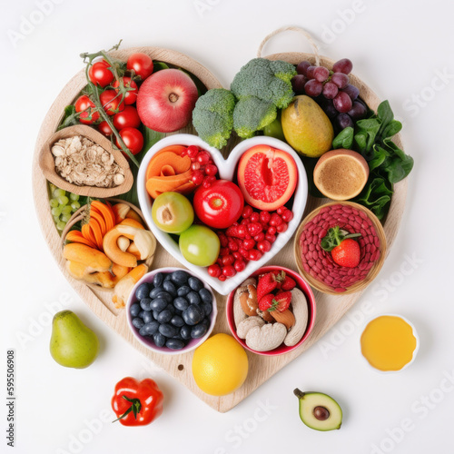 A vibrant heart-shaped platter filled with colorful and nutritious fruits and vegetables, perfect for a healthy and delicious snack or meal. AI Generative.