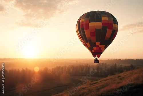 balloon flying in sky against the background of sunset. Generative AI illustration