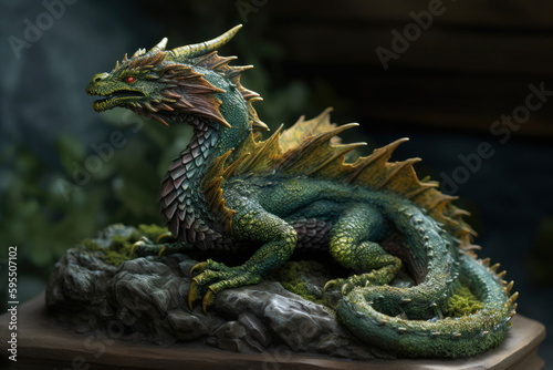 Figurine of a full length green wooden dragon. Symbol of 2024. Chinese New Year Symbol. Dragon statuette. High resolution. Generative AI, human enhanced