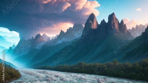 An Abstract Painting Of A Mountain River With A Mountain Range In The Background AI Generative