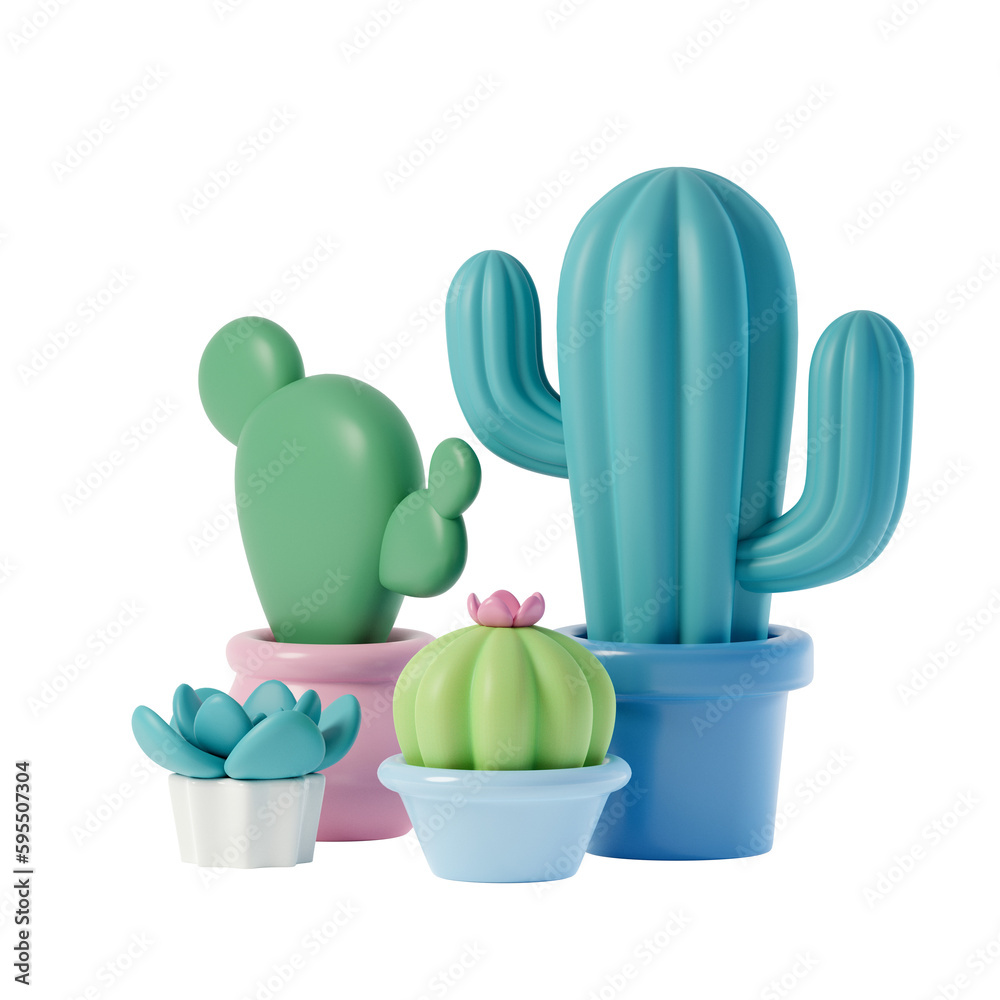 Houseplant cactuses and succulents in pots, 3d rendered closeup. 3D illustration of indoor plants on transparent background for banners, presentations, advertising Houseplant cactuses and succulents in pots, 3d rendered closeup. 3D illustration of indoor plants on transparent background for banners, presentations, advertising