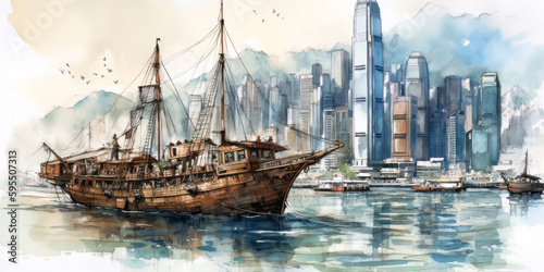 Hong Kong, Hong Kong Victoria Harbor, watercolour collage, generated by ai