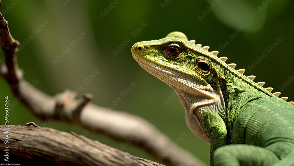 Fototapeta premium closeup of a green lizard, generative AI