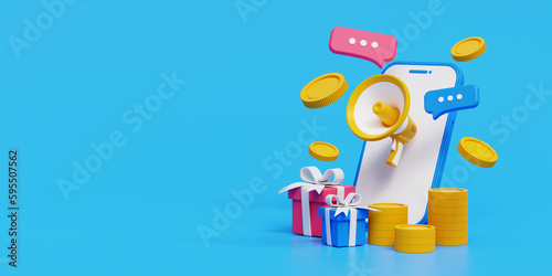 Refer a friend concept 3d illustration with free text space. People share info about referral and earn money. Isolated on blue background. 3D render