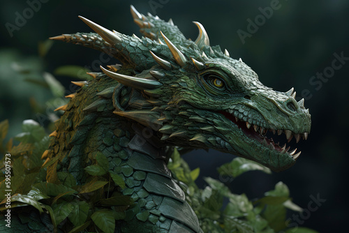 Close up image of head of green wooden dragon with leaves and branches growing from scales. Symbol of 2024. Chinese New Year. Detailed Dragon figurine. High resolution. Generative AI, human enhanced © Sheremetio