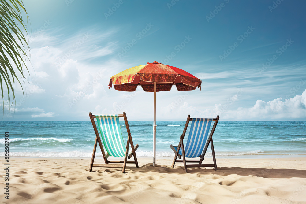 Two beach chairs and umbrella on the beach. Generative AI