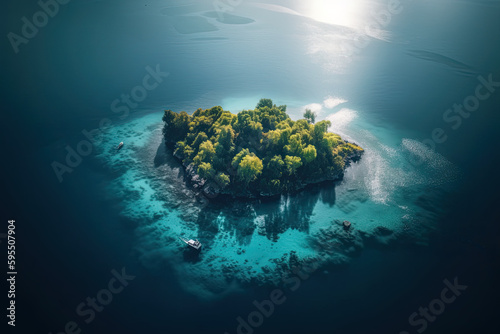 Island in the middle of the ocean. Aerial view. Generative AI
