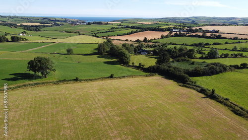 farm plots in the Ireland, top view. Irish agrarian landscape. Green fields on a sunny summer day. Green grass field under blue sky