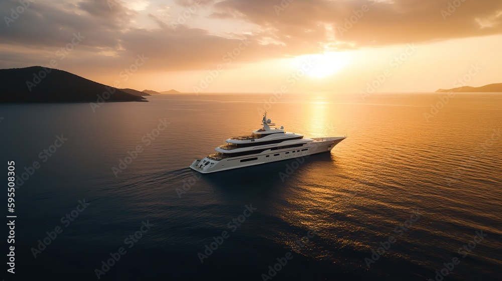 AI Generated. AI Generative. Photo Photography shot aerial from drone. Luxury big boat yacht. Cruise adventure vacation vibe. Can be used for promoting design agency. Graphic Art Illustration.