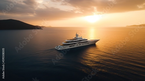 AI Generated. AI Generative. Photo Photography shot aerial from drone. Luxury big boat yacht. Cruise adventure vacation vibe. Can be used for promoting design agency. Graphic Art Illustration.