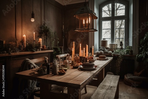Rustic style dining room decor. Generative AI