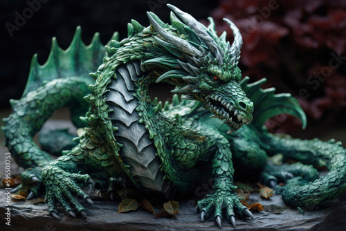 Figurine of a full length green wooden dragon. Symbol of 2024. Chinese New Year Symbol. Dragon statuette. High resolution. Generative AI  human enhanced