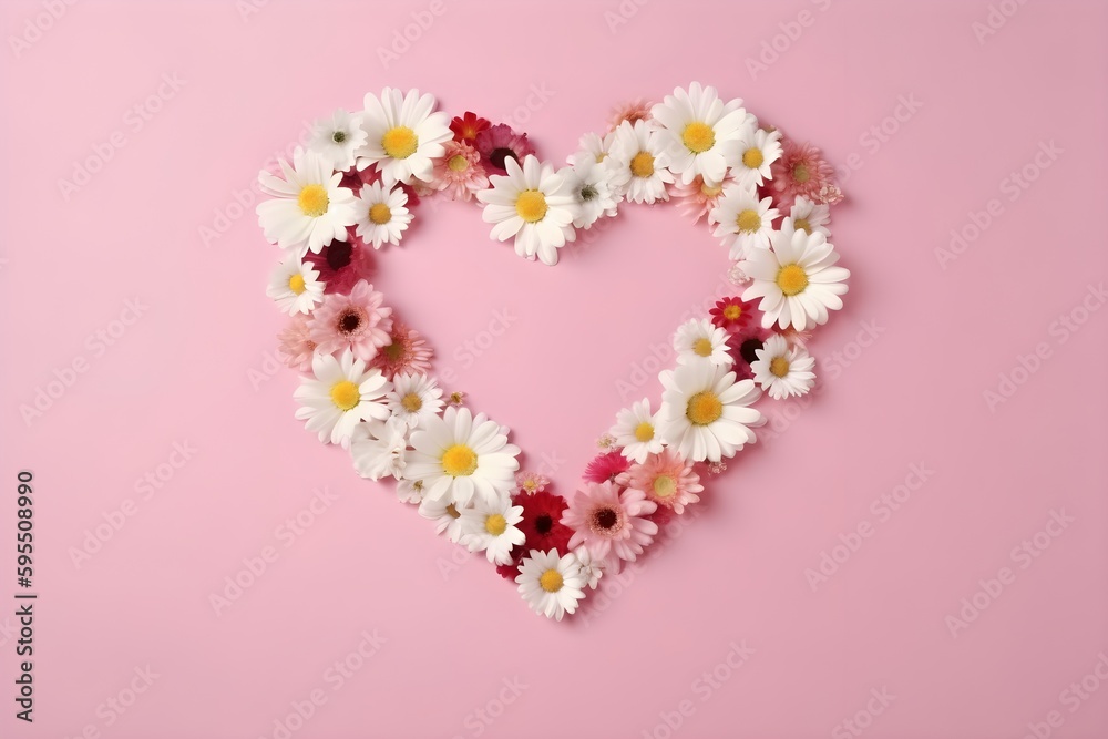Floral heart of white daisy flowers, chamomiles bouquet. Beautiful blossom, pink paper background, copy space. Love concept, design elements for postcard, invitation. Image is AI generated.