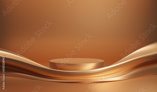 Gold empty podium or pedestal for product presentation. Round mockup platform on gold background. 3D render