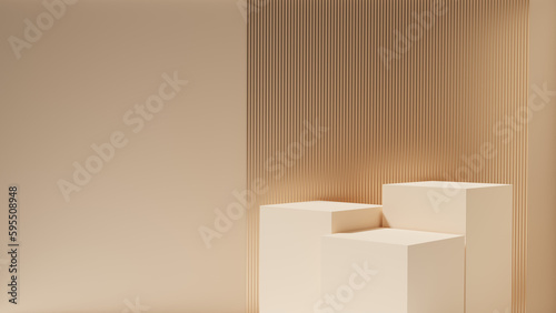 Fototapeta Naklejka Na Ścianę i Meble -  White empty podiums or pedestals for product presentation on three floors, showcase of beauty and cosmetics product. Square mockup platforms on beige background. 3d rendering