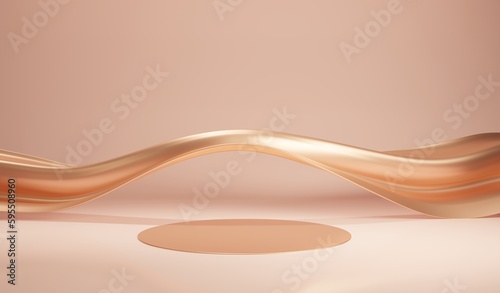Gold empty platform for product presentation. Round mockup platform on pink background. 3d rendering