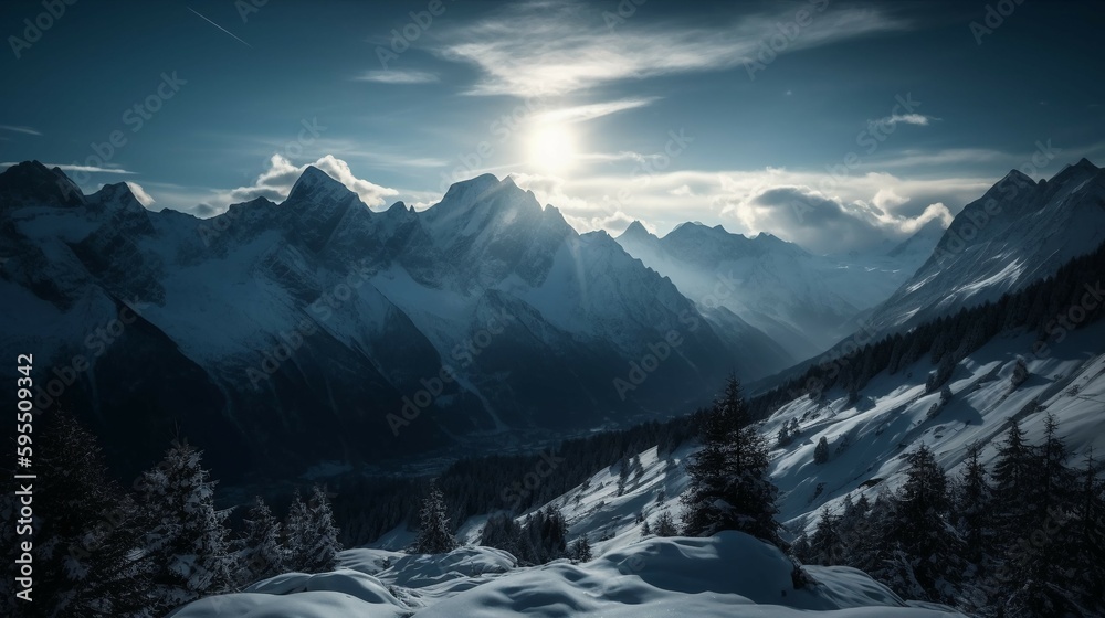 Obraz premium Holy sunlight of the majestic Swiss Alps. AI generative