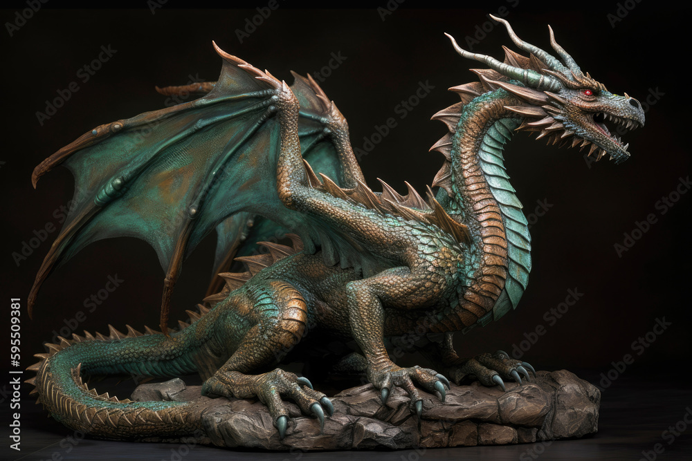 Obraz premium Figurine of a full length green wooden dragon with raised wings. Symbol of 2024. Chinese New Year Symbol. Dragon statuette. High resolution. Generative AI, human enhanced
