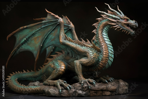 Figurine of a full length green wooden dragon with raised wings. Symbol of 2024. Chinese New Year Symbol. Dragon statuette. High resolution. Generative AI, human enhanced © Sheremetio