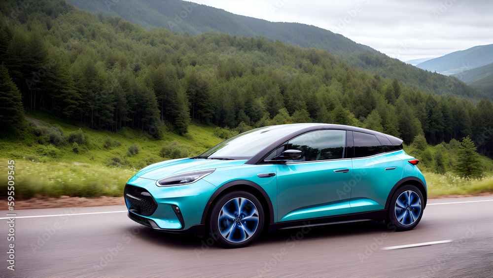 An electric car driving on a winding road through An electric car driving on a winding road through