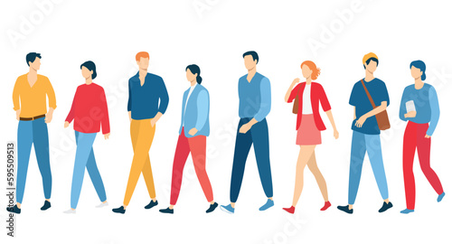  Set of young men and women, different colors, cartoon character, group of silhouettes of walking business people, students, the design concept of flat icon, isolated on white background