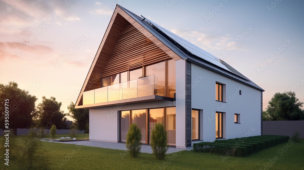 Family house with solar panels and sunrise solar energy system Sunset. Family house with solar panels and sunrise solar energy system Sunset.