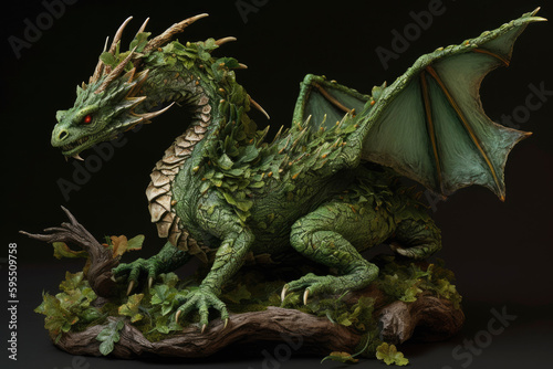 Figurine of a full length green wooden dragon with raised wings. Symbol of 2024. Chinese New Year Symbol. Dragon statuette. High resolution. Generative AI  human enhanced