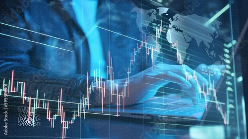 Global business finance data analytics stock trading graph chart report man using laptop computer hand typing investment data digital marketing, financial management technology, cyber space metaverse.