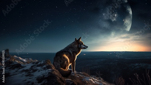 Majestic Wolf Gazing at the Moonlit Sky. Generative AI