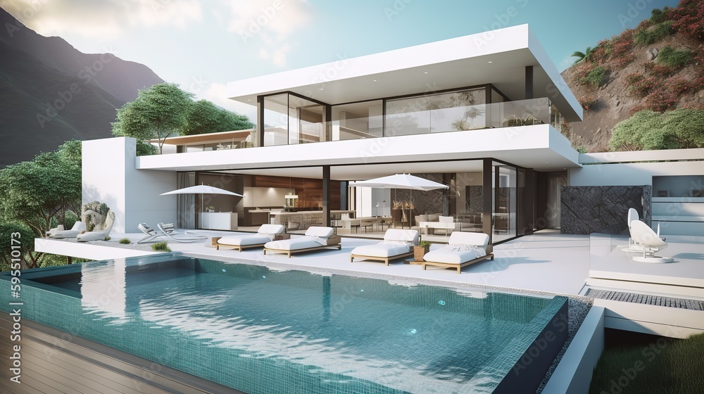 AI Generated. AI Generative. Photo render of luxury villa with pool. Millionaires life vacation vibe Graphic Art Illustration. AI Generated. AI Generative. Photo render of luxury villa with pool. Millionaires life vacation vibe Graphic Art Illustration.