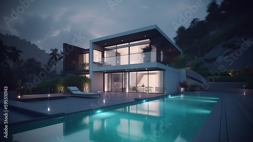 AI Generated. AI Generative. Photo render of luxury villa with pool. Millionaires life vacation vibe Graphic Art Illustration.
