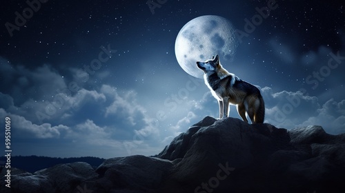 Leinwand Poster Majestic Wolf Gazing at the Moonlit Sky. Generative AI