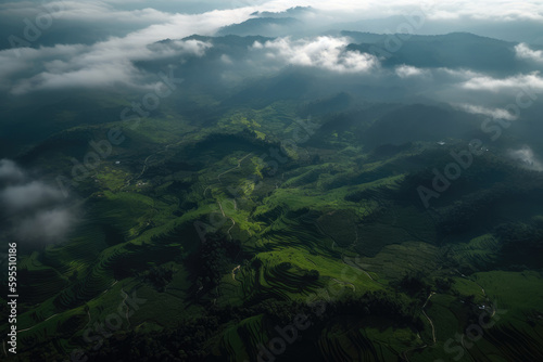 Aerial photography of mountains with rice plantations. Breathtaking fantasy landscape of rice terraces. Dron view of the rice paddies. 6K high resolution image. Generative AI, human enhanced