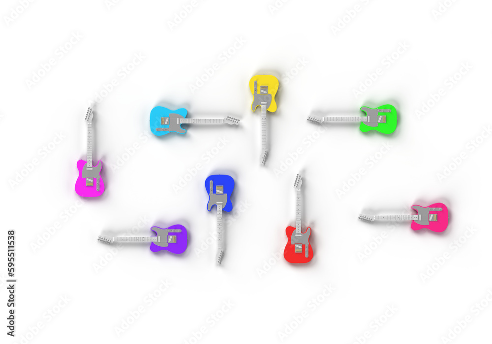 Colorful, bright electric guitars. 3d render on the theme of music, musical instruments, disco, audio. Modern minimal style, transparent background. Colorful, bright electric guitars. 3d render on the theme of music, musical instruments, disco, audio. Modern minimal style, transparent background.