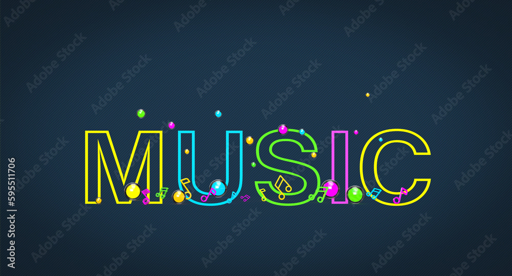 A pattern of musical notes and glowing balls on a dark background with the text music. 3d render on the theme of music, musical instruments, discos.