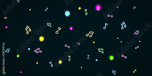 A pattern of musical notes and glowing balls on a dark background. 3d render on the theme of music, musical instruments, discos. © Romafa