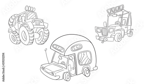 Outlined Cars Cartoon Character Poses. Vector Hand Drawn Collection Set Isolated On White Background. Doodle style. Collection of Car for kids activity coloring book Vector illustration.