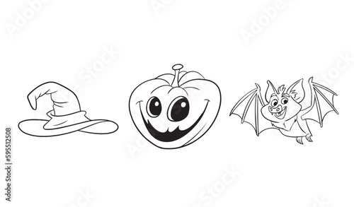 Halloween coloring page with spooky objects, hand drawn cute Halloween coloring sheet. Doodle style. Outline vector illustration for coloring book. Vector sheet icon.