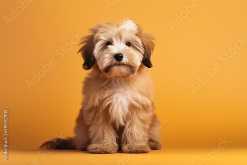 Portrait of Beautiful happy reddish havanese puppy dog on the orange background with copy space. High quality photo